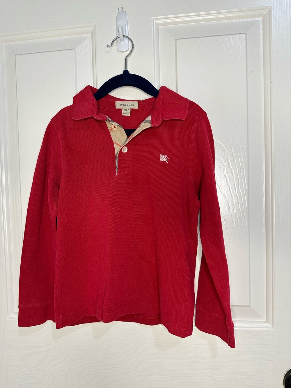 Burberry Red White Logo Long Sleeve Polo Shirt Sz 6Y Streetwear Preppy Winter - Picture 2 of 10